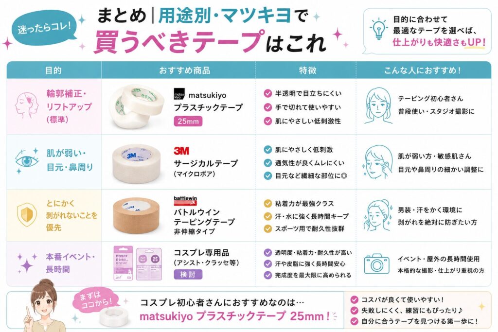 まとめ｜用途別・マツキヨで買うべきテープはこれ