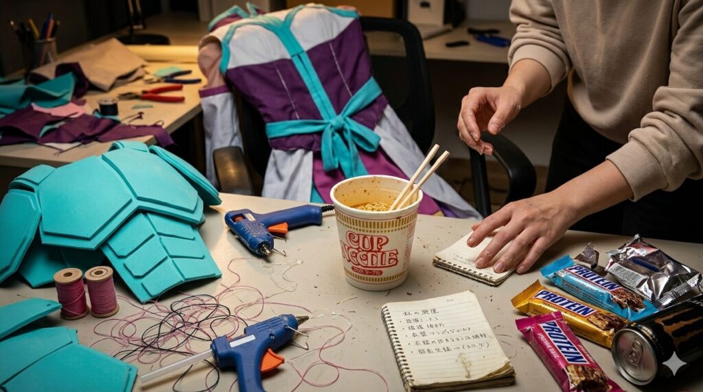 深夜の作業机にカップ麺やお菓子が置かれているシーン